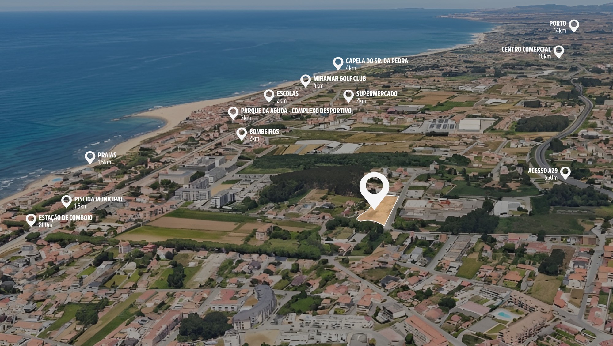 Vista aérea da localização BRAANCAMP e distâncias a transportes, escolas, comércio e praias